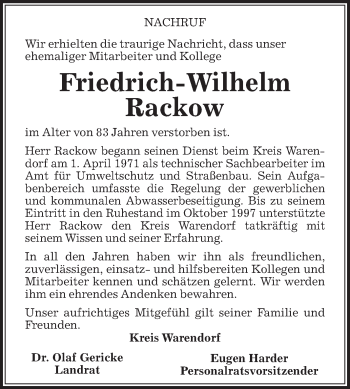 Traueranzeige von Friedrich-Wilhelm Rackow von Die Glocke