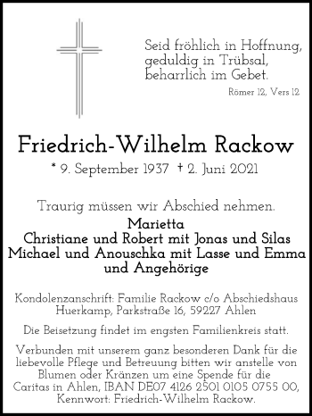 Traueranzeige von Friedrich-Wilhelm Rackow von Die Glocke