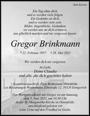 Traueranzeige von Gregor Brinkmann von Die Glocke