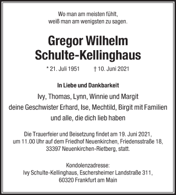 Traueranzeige von Gregor Wilhelm Schulte-Kellinghaus von Die Glocke