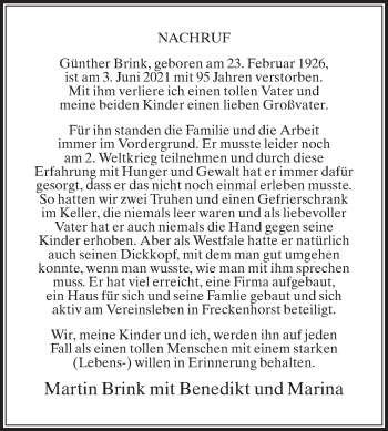 Traueranzeige von Günther Brink von Die Glocke