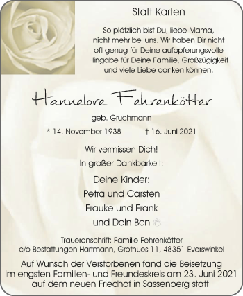 Traueranzeige von Hannelore Fehrenkötter von Die Glocke
