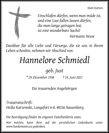 Traueranzeige von Hannelore Schmiedl von Die Glocke