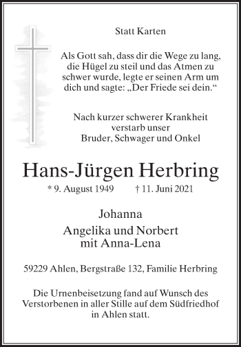 Traueranzeige von Hans-Jürgen Herbring von Die Glocke