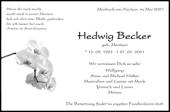 Traueranzeige von Hedwig Becker von Die Glocke