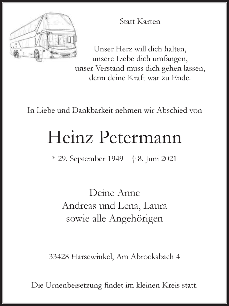  Traueranzeige für Heinz Petermann vom 12.06.2021 aus Die Glocke