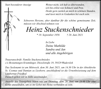 Traueranzeige von Heinz Stuckenschnieder von Die Glocke
