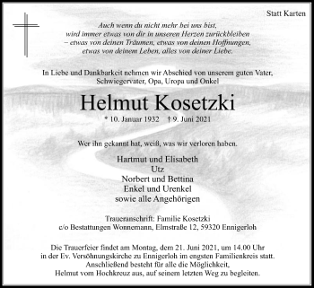 Traueranzeige von Helmut Kosetzki von Die Glocke
