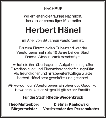 Traueranzeige von Herbert Hänel von Die Glocke