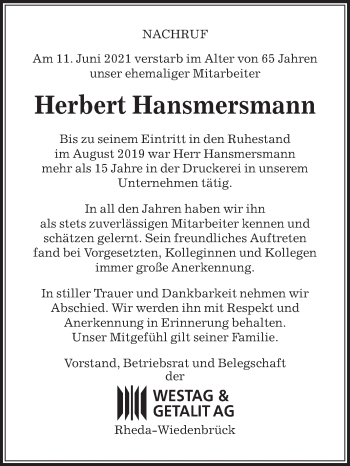 Traueranzeige von Herbert Hansmersmann von Die Glocke