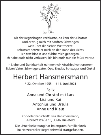 Traueranzeige von Herbert Hansmersmann von Die Glocke