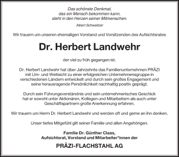 Traueranzeige von Herbert Landwehr von Die Glocke