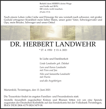 Traueranzeige von Herbert Landwehr von Die Glocke