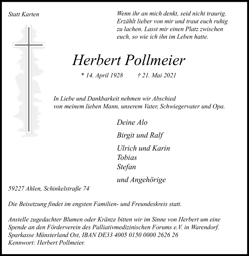  Traueranzeige für Herbert Pollmeier vom 02.06.2021 aus Die Glocke