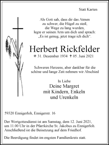 Traueranzeige von Herbert Rickfelder von Die Glocke