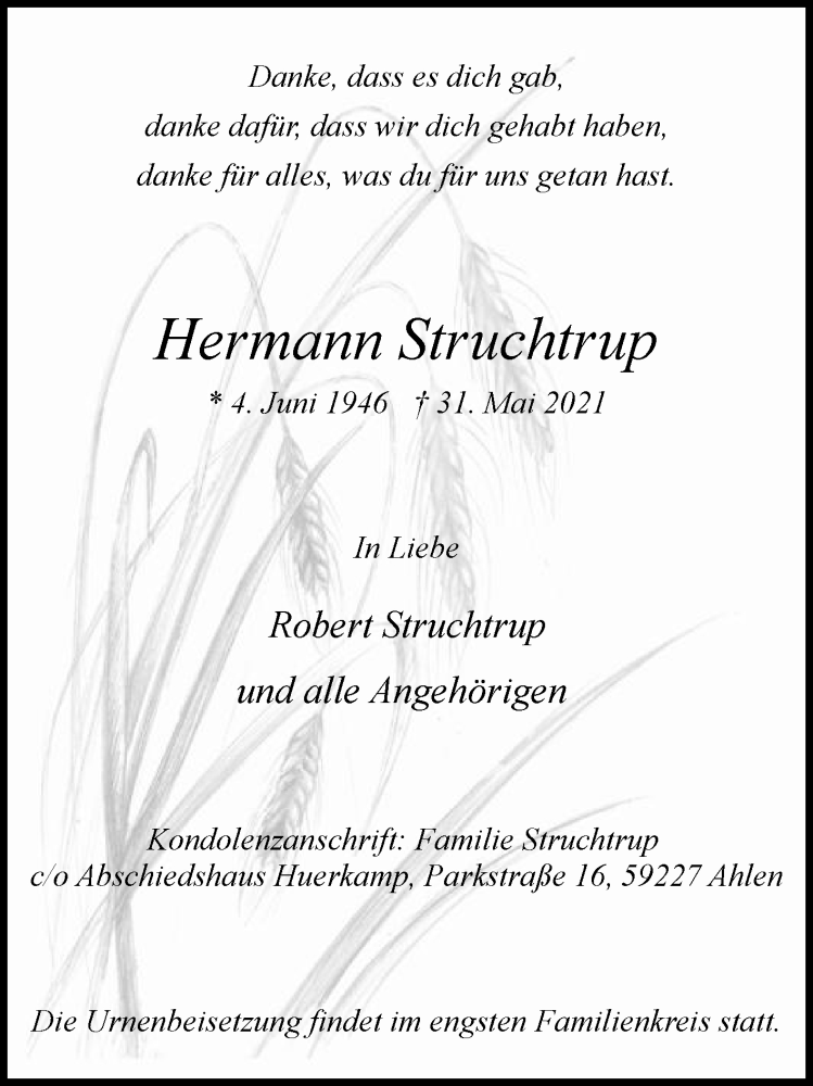  Traueranzeige für Hermann Struchtrup vom 05.06.2021 aus Die Glocke