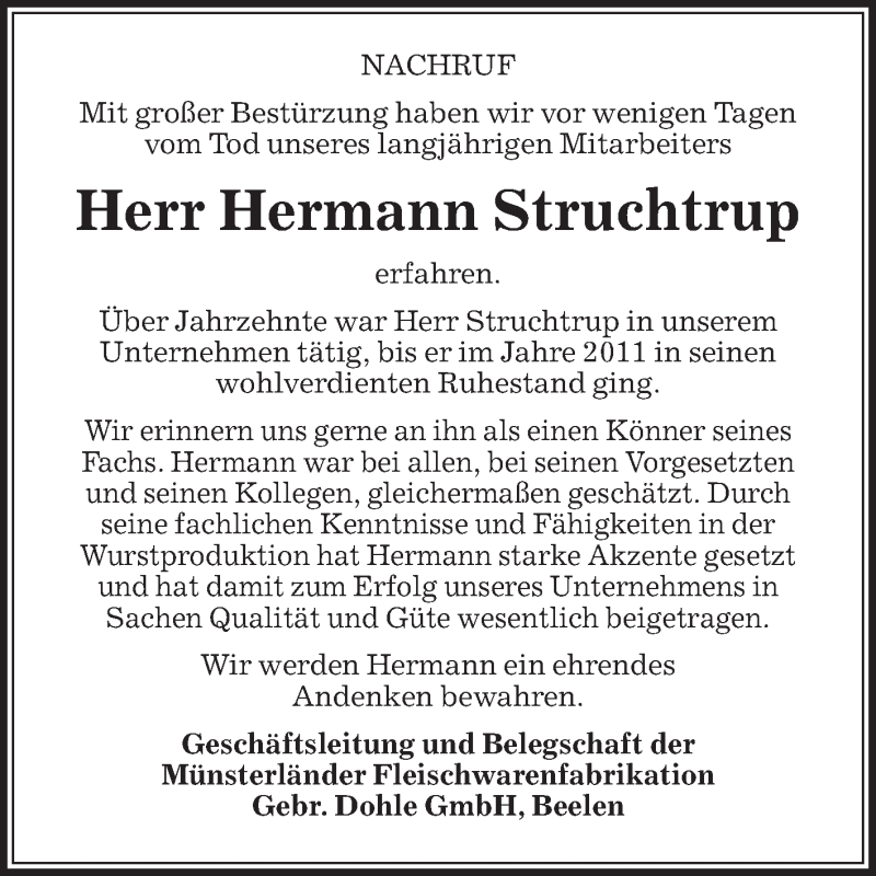  Traueranzeige für Hermann Struchtrup vom 11.06.2021 aus Die Glocke