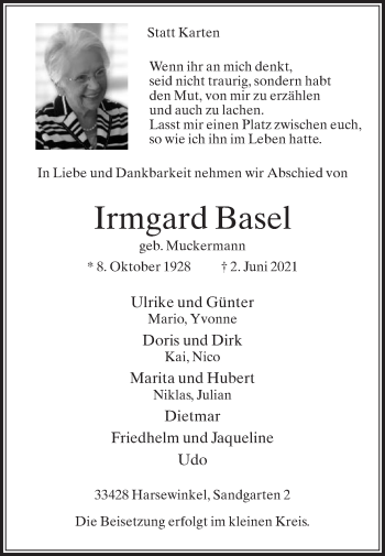 Traueranzeige von Irmgard Basel von Die Glocke