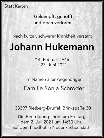 Traueranzeige von Johann Hukemann von Die Glocke