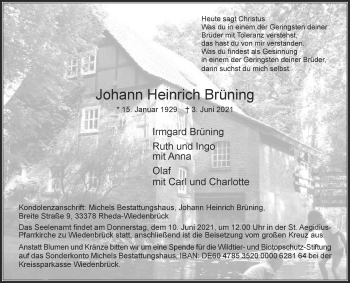 Traueranzeige von Johann Heinrich Brüning von Die Glocke