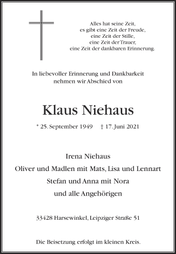 Traueranzeige von Klaus Niehaus von Die Glocke