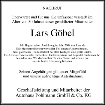 Traueranzeige von Lars Göbel von Die Glocke