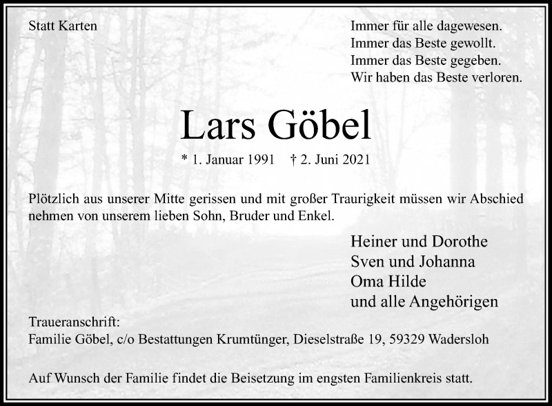  Traueranzeige für Lars Göbel vom 12.06.2021 aus Die Glocke