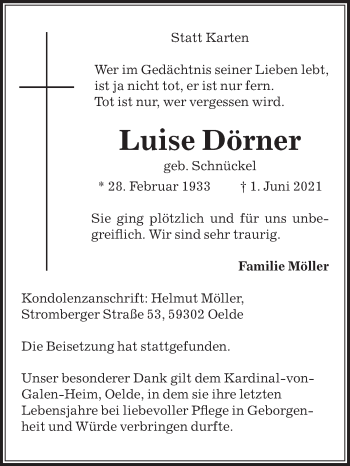 Traueranzeige von Luise Dörner von Die Glocke