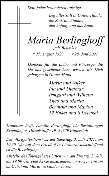 Traueranzeige von Maria Berlinghoff von Die Glocke