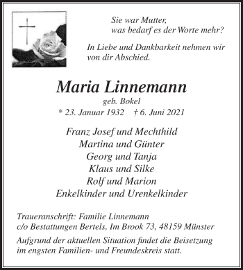 Traueranzeige von Maria Linnemann von Die Glocke