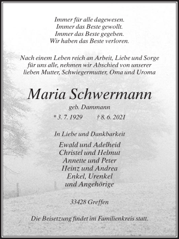 Traueranzeige von Maria Schwermann von Die Glocke