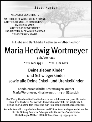 Traueranzeige von Maria Hedwig Wortmeyer von Die Glocke