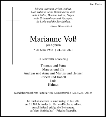 Traueranzeige von Marianne Voß von Die Glocke