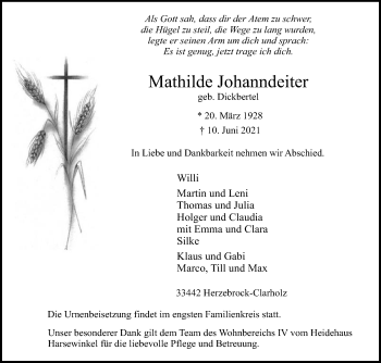 Traueranzeige von Mathilde Johanndeiter von Die Glocke