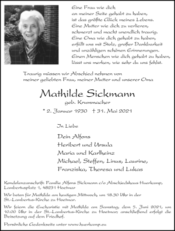 Traueranzeige von Mathilde Sickmann von Die Glocke