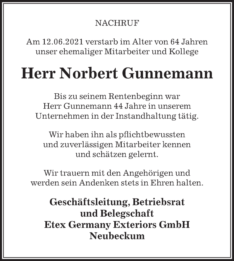  Traueranzeige für Norbert Gunnemann vom 23.06.2021 aus Die Glocke