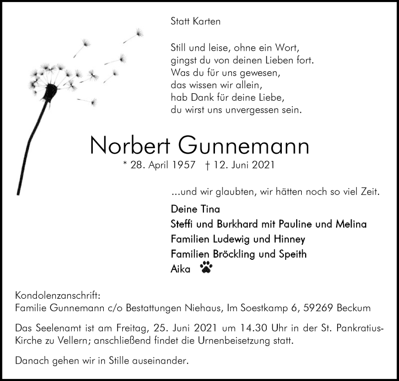  Traueranzeige für Norbert Gunnemann vom 19.06.2021 aus Die Glocke