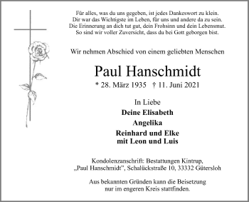 Traueranzeige von Paul Hanschmidt von Die Glocke