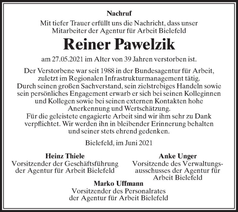  Traueranzeige für Reiner Pawelzik vom 10.06.2021 aus Die Glocke