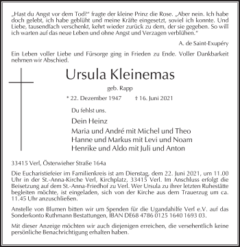 Traueranzeige von Ursula Kleinemas von Die Glocke