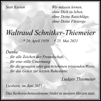 Traueranzeige von Waltraud Schnitker-Thiemeier von Die Glocke