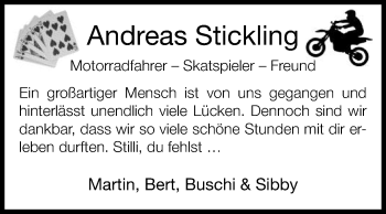 Traueranzeige von Andreas Stickling von Die Glocke
