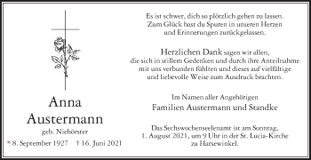 Traueranzeige von Anna Austermann von Die Glocke