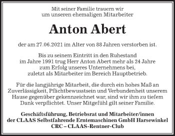 Traueranzeige von Anton Abert von Die Glocke