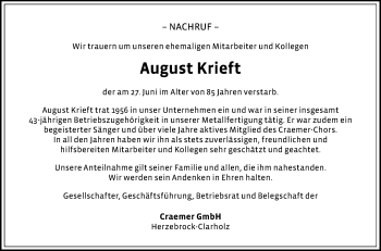 Traueranzeige von August Krieft von Die Glocke