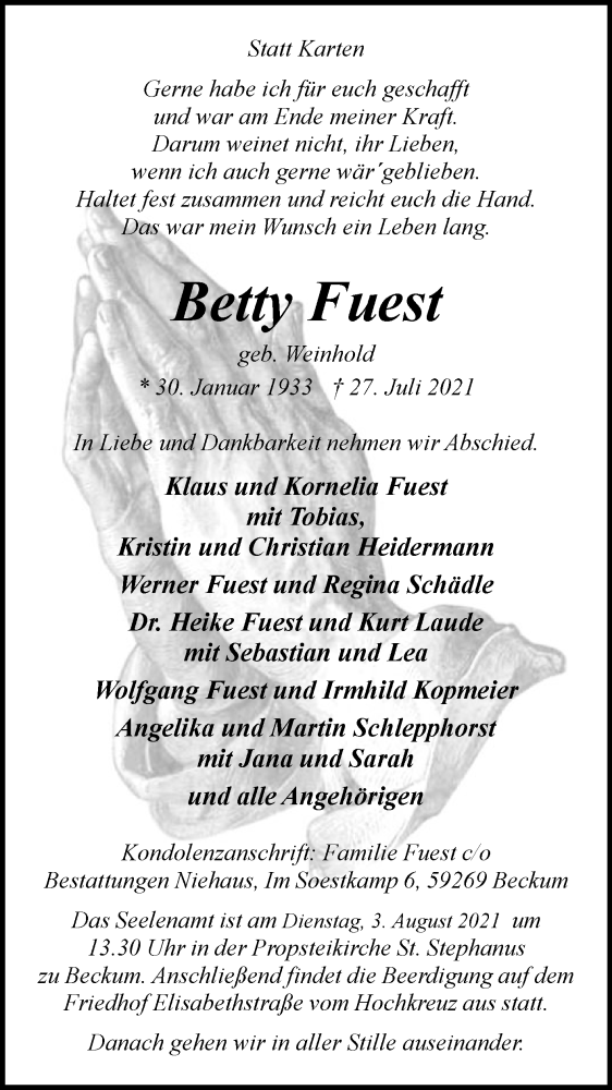 Traueranzeige für Betty Fuest vom 31.07.2021 aus Die Glocke