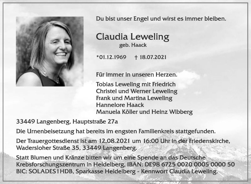  Traueranzeige für Claudia Leweling vom 31.07.2021 aus Die Glocke