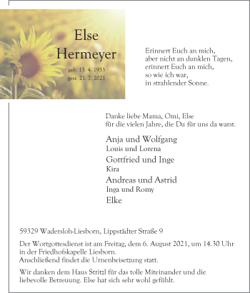 Traueranzeige von Else Hermeyer von Die Glocke