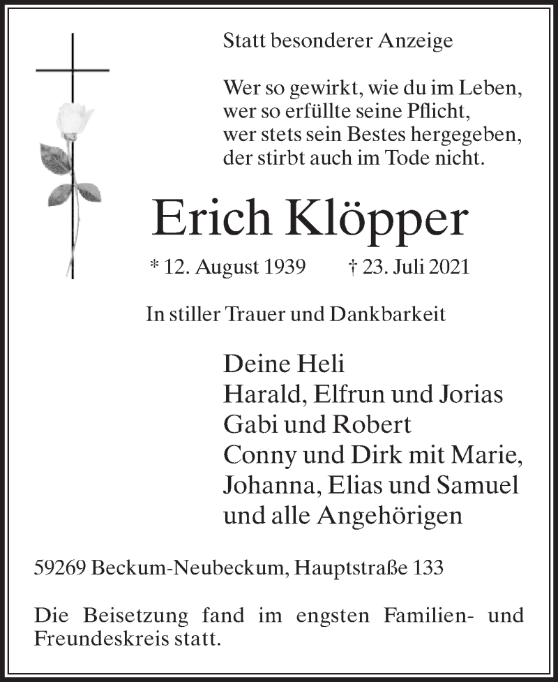  Traueranzeige für Erich Klöpper vom 31.07.2021 aus Die Glocke
