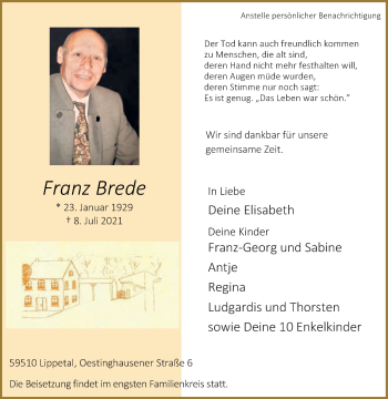 Traueranzeige von Franz Brede von Die Glocke